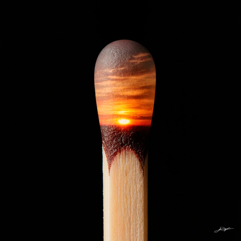 El fuego amanece — cerilla con un atardecer en la punta